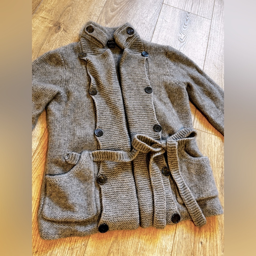Sofie womens gray 100% cashmere sweater cardigan button front with tie belt XS
